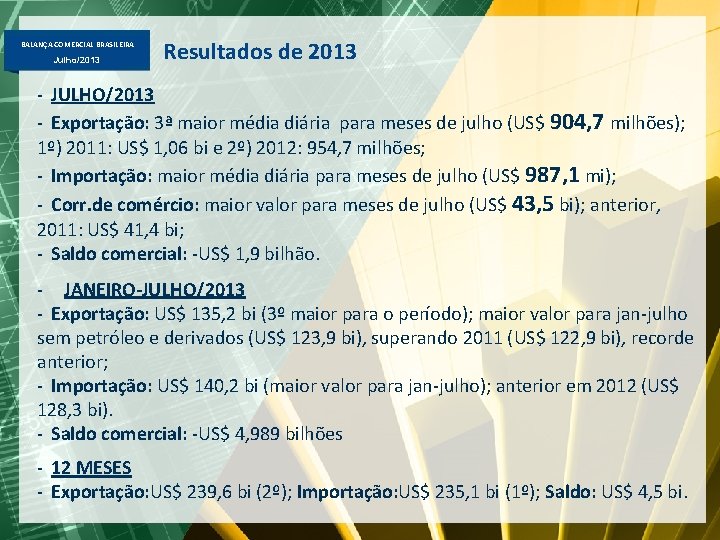 BALANÇA COMERCIAL BRASILEIRA Julho/2013 Resultados de 2013 - JULHO/2013 - Exportação: 3ª maior média