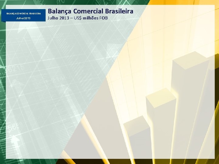 BALANÇA COMERCIAL BRASILEIRA Julho/2013 Balança Comercial Brasileira Julho 2013 – US$ milhões FOB 