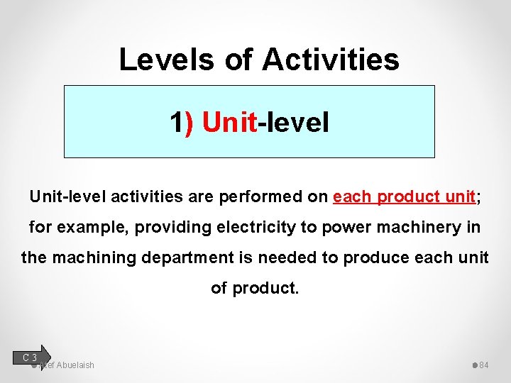 Levels of Activities 1) Unit-level activities are performed on each product unit; for example,