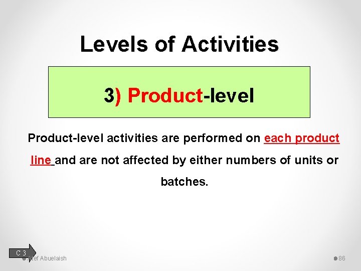 Levels of Activities 3) Product-level activities are performed on each product line and are