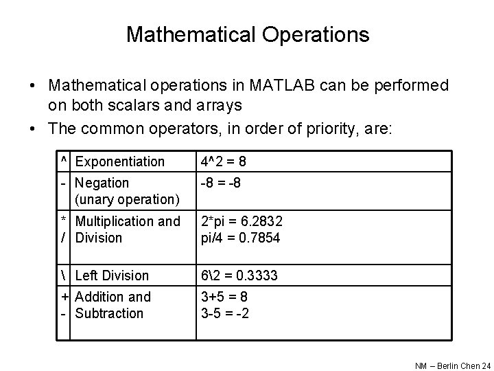 Mathematical Operations • Mathematical operations in MATLAB can be performed on both scalars and Mathematical Operations • Mathematical operations in MATLAB can be performed on both scalars and