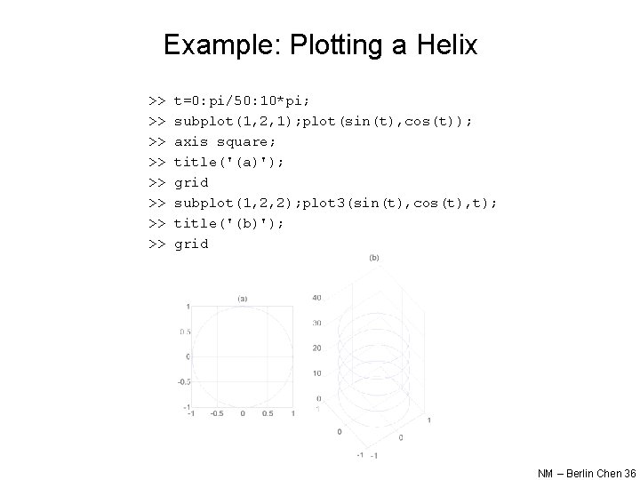 Example: Plotting a Helix >> >> t=0: pi/50: 10*pi; subplot(1, 2, 1); plot(sin(t), cos(t)); Example: Plotting a Helix >> >> t=0: pi/50: 10*pi; subplot(1, 2, 1); plot(sin(t), cos(t));