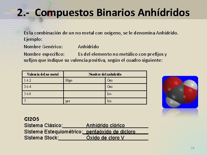 2. - Compuestos Binarios Anhídridos Es la combinación de un no metal con oxígeno, 2. - Compuestos Binarios Anhídridos Es la combinación de un no metal con oxígeno,