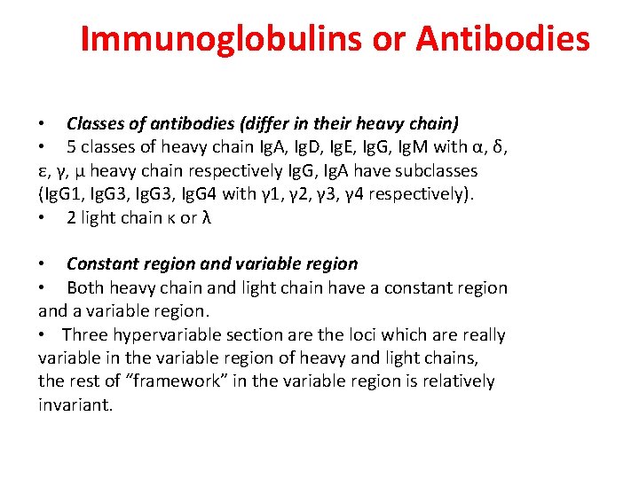 Immunoglobulins or Antibodies • Classes of antibodies (differ in their heavy chain) • 5