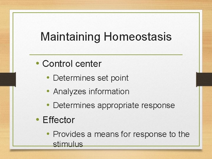 Maintaining Homeostasis • Control center • Determines set point • Analyzes information • Determines Maintaining Homeostasis • Control center • Determines set point • Analyzes information • Determines