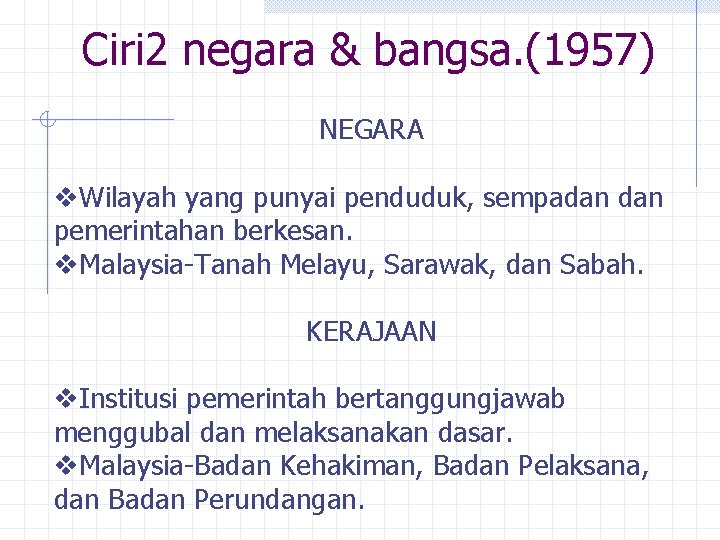 Ciri 2 negara & bangsa. (1957) NEGARA v. Wilayah yang punyai penduduk, sempadan pemerintahan