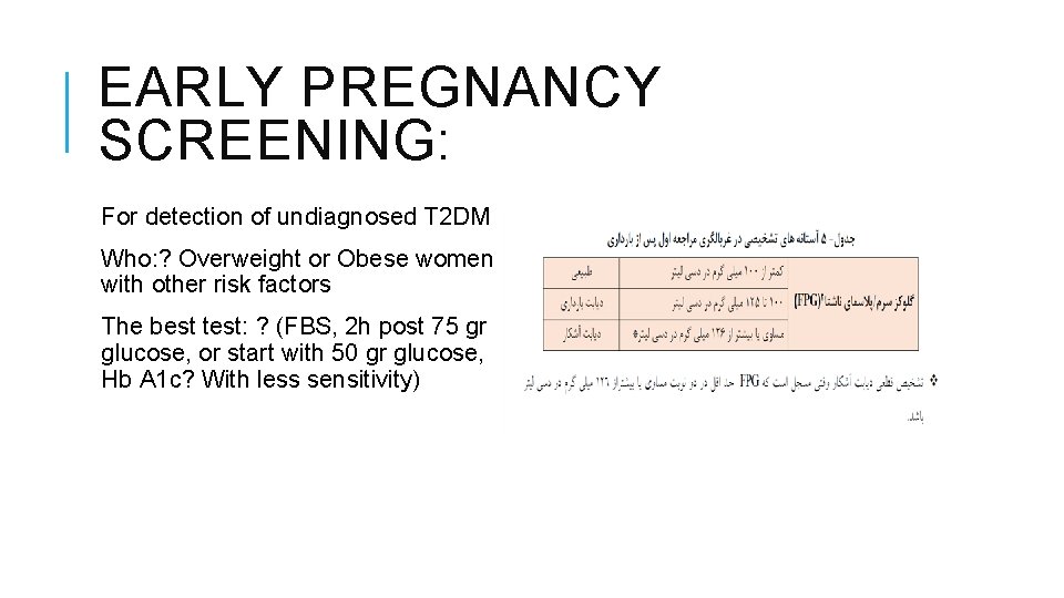 EARLY PREGNANCY SCREENING: For detection of undiagnosed T 2 DM Who: ? Overweight or