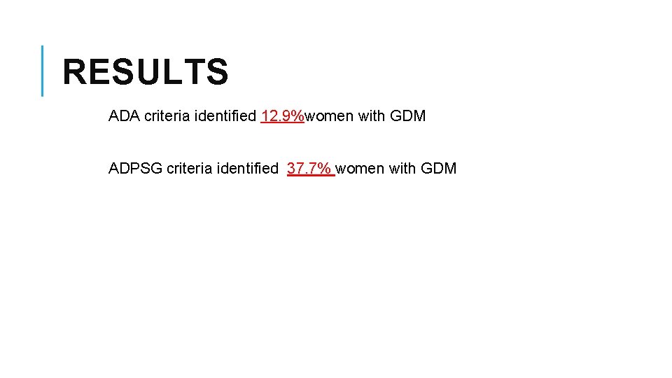 RESULTS ADA criteria identified 12. 9%women with GDM ADPSG criteria identified 37. 7% women