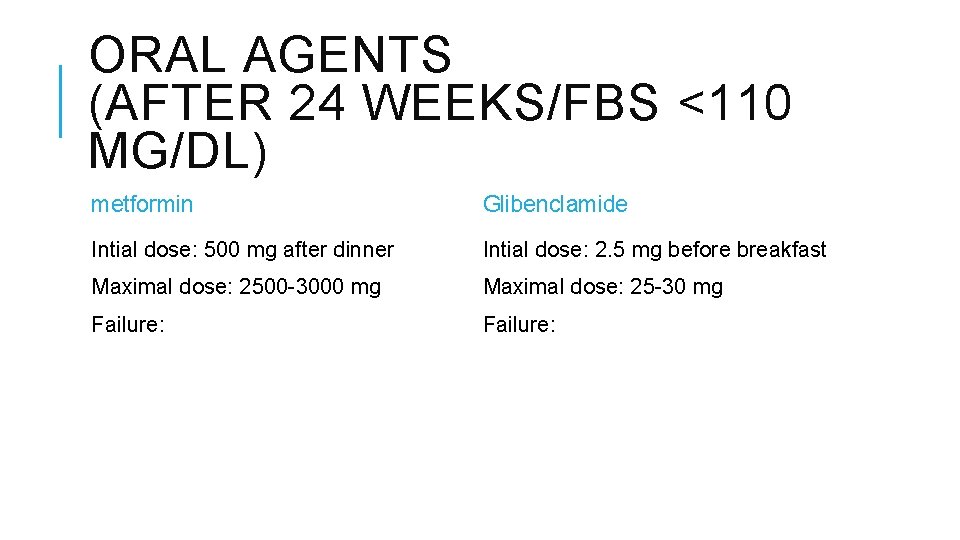 ORAL AGENTS (AFTER 24 WEEKS/FBS <110 MG/DL) metformin Glibenclamide Intial dose: 500 mg after