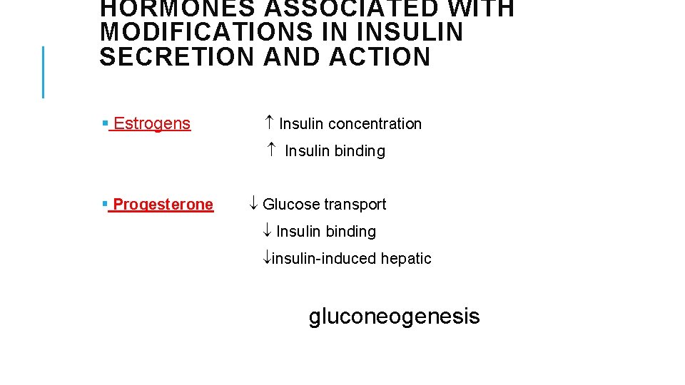 HORMONES ASSOCIATED WITH MODIFICATIONS IN INSULIN SECRETION AND ACTION § Estrogens Insulin concentration Insulin