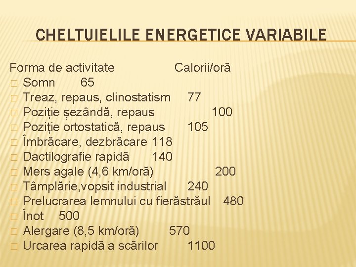 CHELTUIELILE ENERGETICE VARIABILE Forma de activitate Calorii/oră � Somn 65 � Treaz, repaus, clinostatism