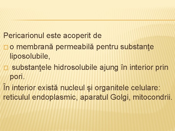 Pericarionul este acoperit de � o membrană permeabilă pentru substanţe liposolubile, � substanţele hidrosolubile