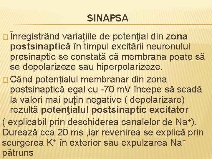SINAPSA � Înregistrând variaţiile de potenţial din zona postsinaptică în timpul excitării neuronului presinaptic