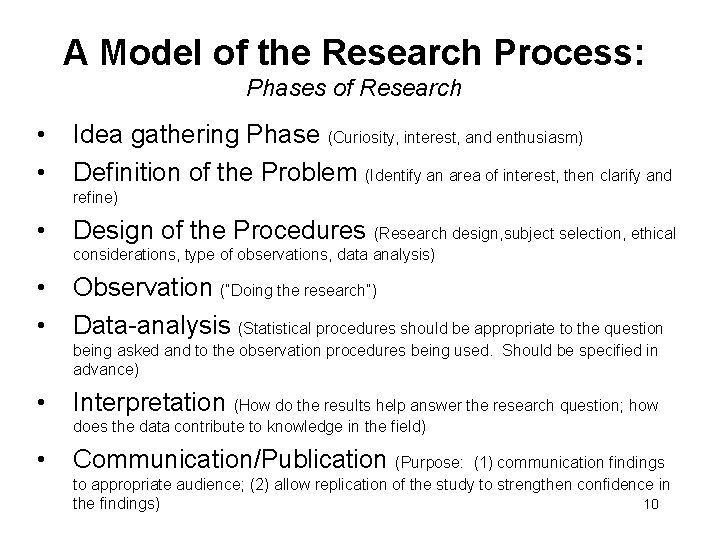 A Model of the Research Process: Phases of Research • • Idea gathering Phase