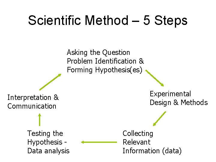 Scientific Method – 5 Steps Asking the Question Problem Identification & Forming Hypothesis(es) Interpretation