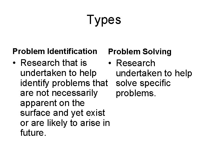 Types Problem Identification Problem Solving • Research that is • undertaken to help identify