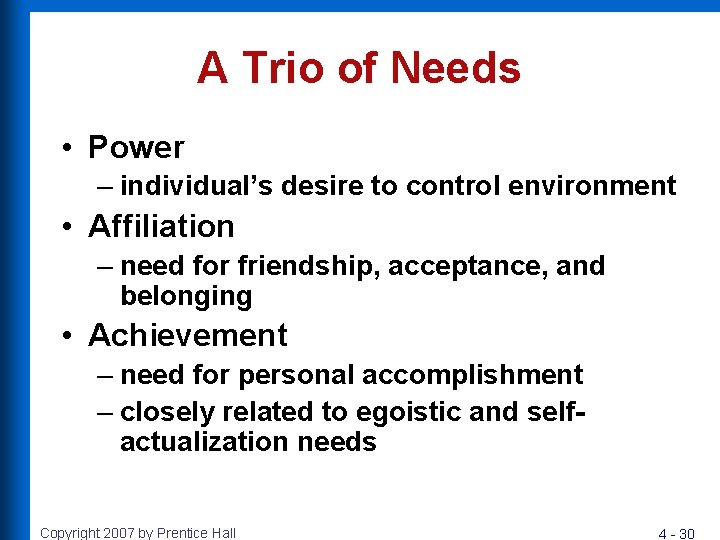 A Trio of Needs • Power – individual’s desire to control environment • Affiliation