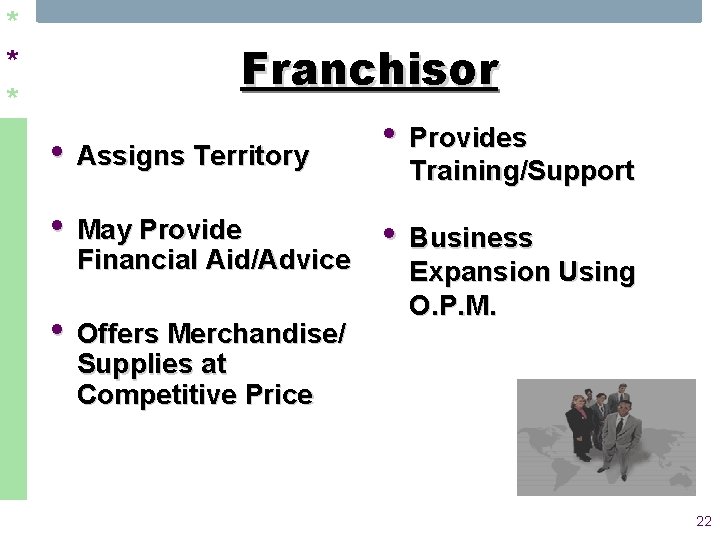 * * * Franchisor • Assigns Territory • Provides • May Provide • Business