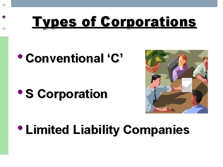 * * * Types of Corporations • Conventional ‘C’ • S Corporation • Limited