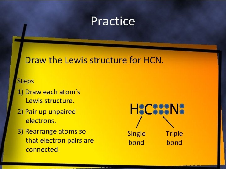 Practice Draw the Lewis structure for HCN. Steps 1) Draw each atom’s Lewis structure.