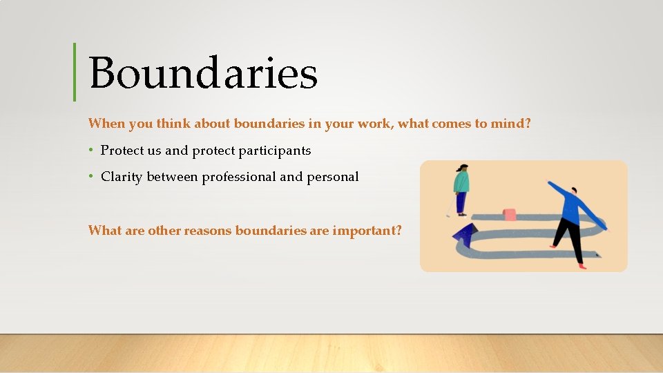 Boundaries When you think about boundaries in your work, what comes to mind? •
