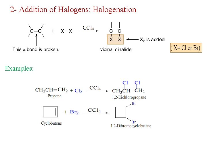 2 - Addition of Halogens: Halogenation Examples: 2 - Addition of Halogens: Halogenation Examples: