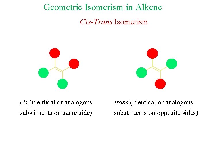 Geometric Isomerism in Alkene Cis-Trans Isomerism cis (identical or analogous substituents on same side)