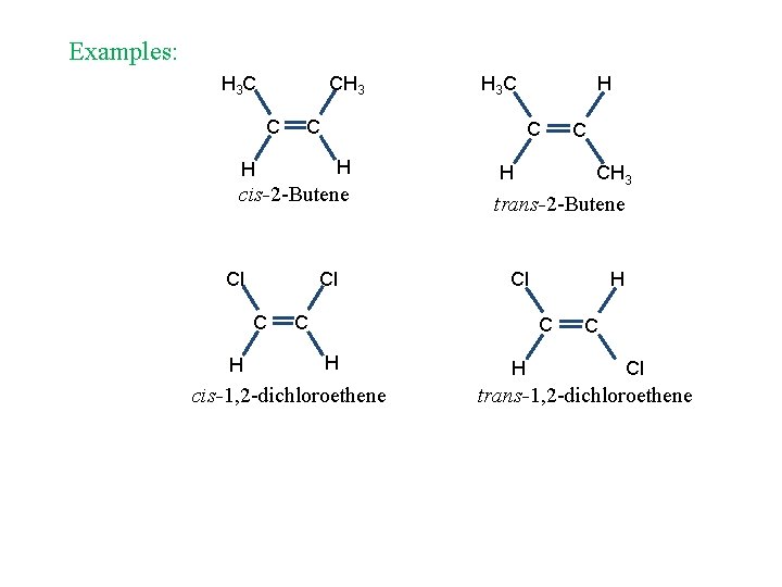 Examples: H 3 C C cis-2 -Butene Cl H H Cl C H 3 Examples: H 3 C C cis-2 -Butene Cl H H Cl C H 3
