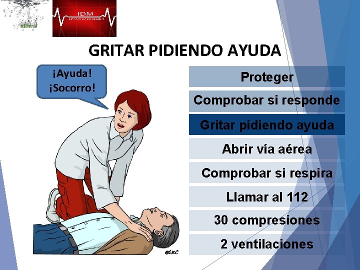 GRITAR PIDIENDO AYUDA ¡Ayuda! ¡Socorro! Proteger Comprobar si responde Gritar pidiendo ayuda Abrir vía