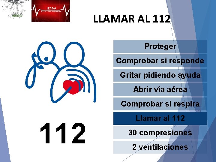 LLAMAR AL 112 Proteger Comprobar si responde Gritar pidiendo ayuda Abrir vía aérea Comprobar