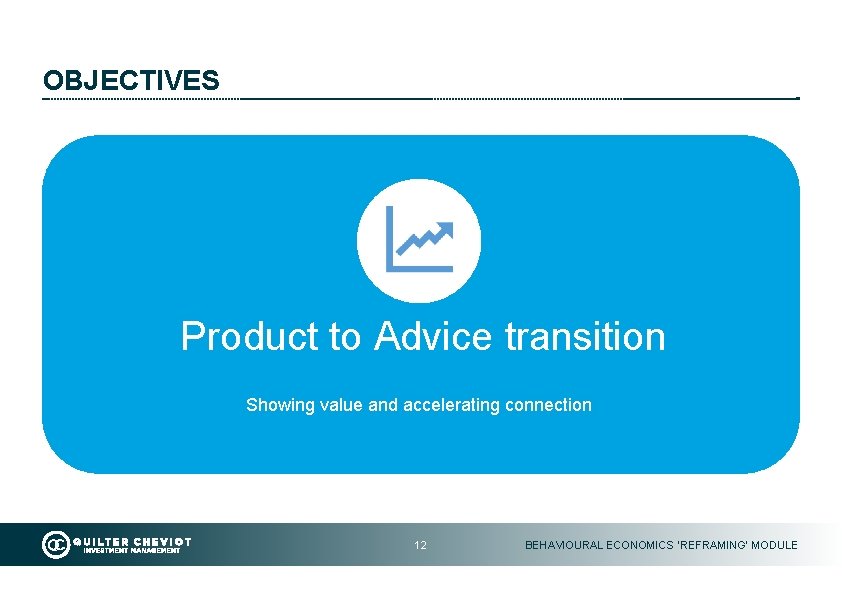 OBJECTIVES Product to Advice transition Showing value and accelerating connection 12 BEHAVIOURAL ECONOMICS ‘REFRAMING’