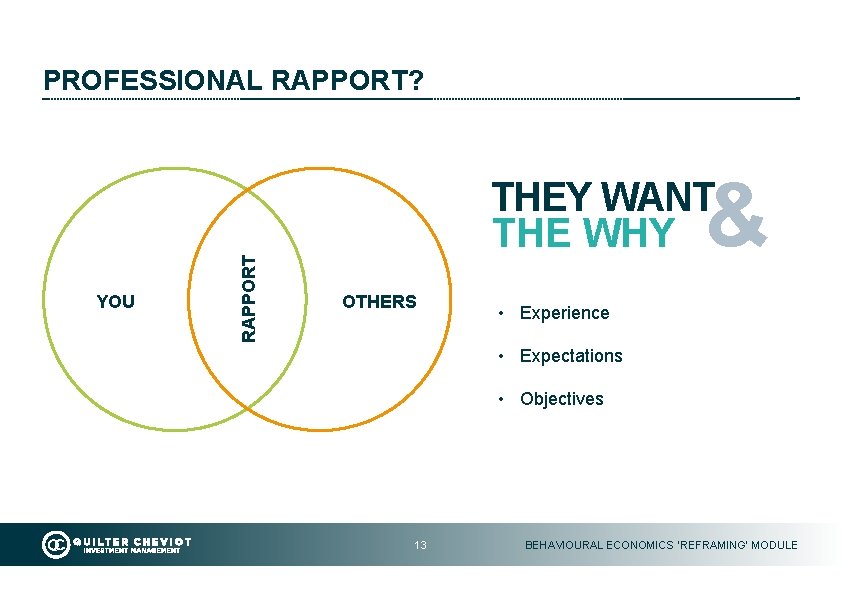 YOU RAPPORT PROFESSIONAL RAPPORT? & THEY WANT THE WHY OTHERS • Experience • Expectations