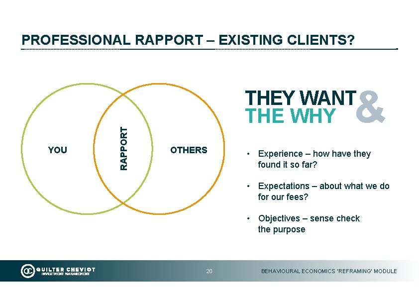 YOU RAPPORT PROFESSIONAL RAPPORT – EXISTING CLIENTS? & THEY WANT THE WHY OTHERS •