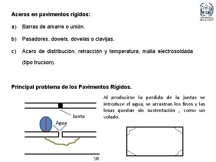 Aceros en pavimentos rígidos: a) Barras de amarre o unión. b) Pasadores, dowels, dovelas