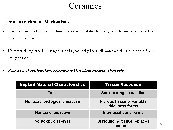 Ceramics Tissue Attachment Mechanisms § The mechanism of tissue attachment is directly related to
