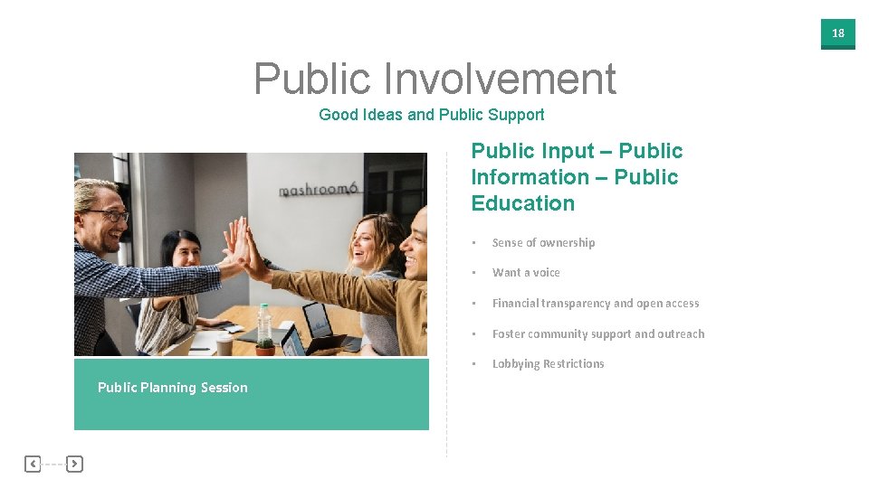 18 Public Involvement Good Ideas and Public Support Public Input – Public Information –