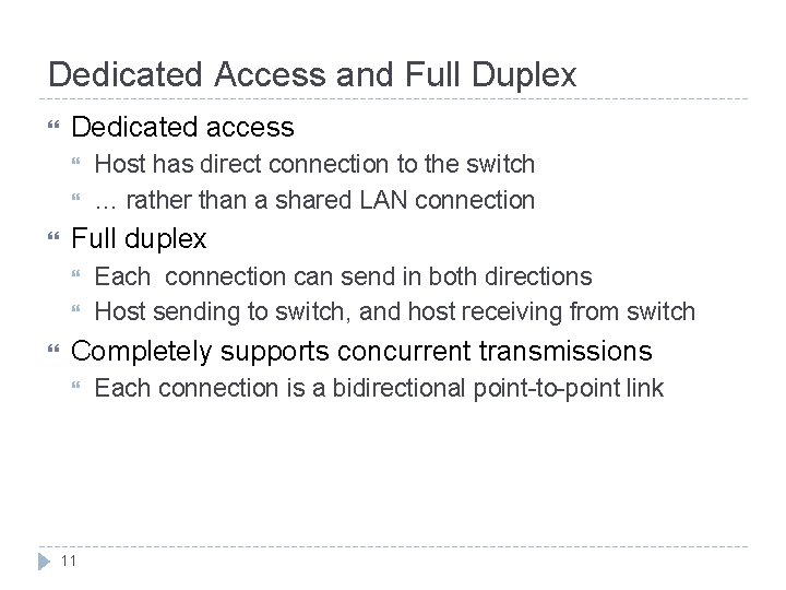 Dedicated Access and Full Duplex Dedicated access Full duplex Host has direct connection to