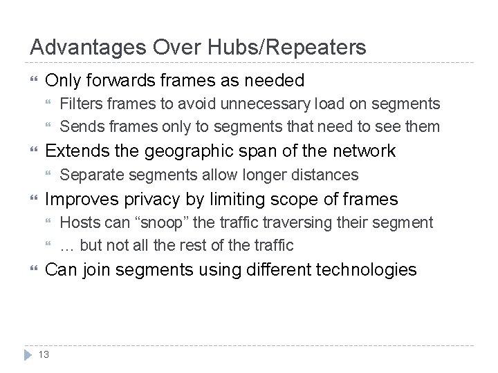 Advantages Over Hubs/Repeaters Only forwards frames as needed Extends the geographic span of the