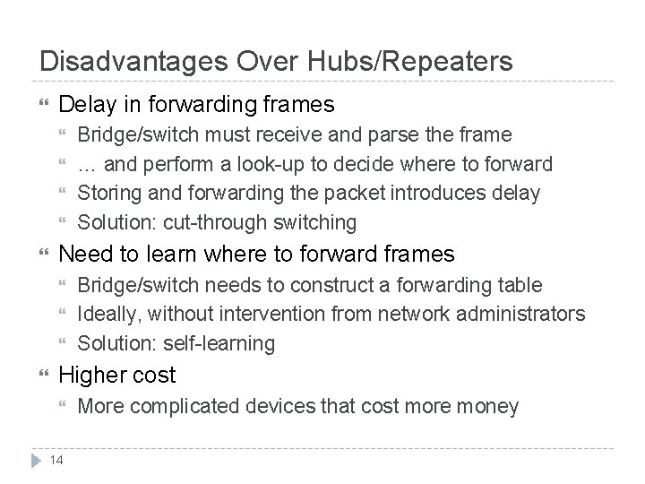 Disadvantages Over Hubs/Repeaters Delay in forwarding frames Need to learn where to forward frames