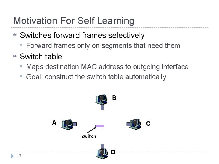 Motivation For Self Learning Switches forward frames selectively Forward frames only on segments that