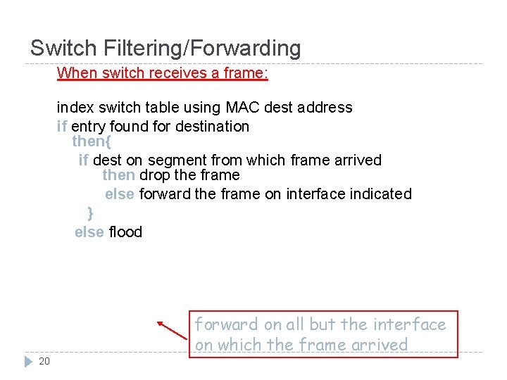 Switch Filtering/Forwarding When switch receives a frame: index switch table using MAC dest address