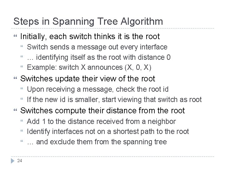 Steps in Spanning Tree Algorithm Initially, each switch thinks it is the root Switches