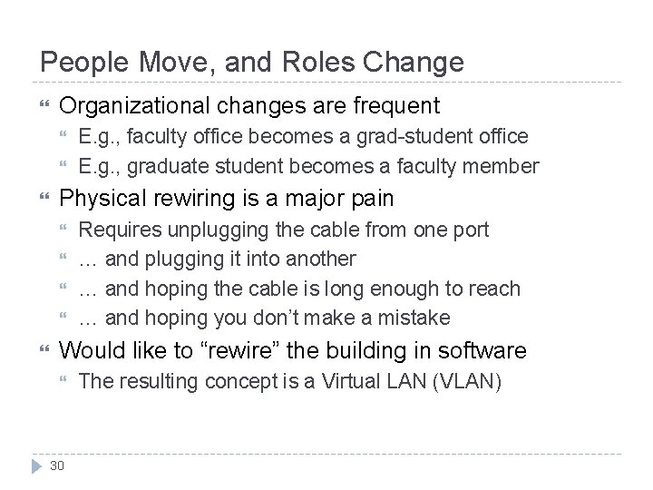 People Move, and Roles Change Organizational changes are frequent Physical rewiring is a major