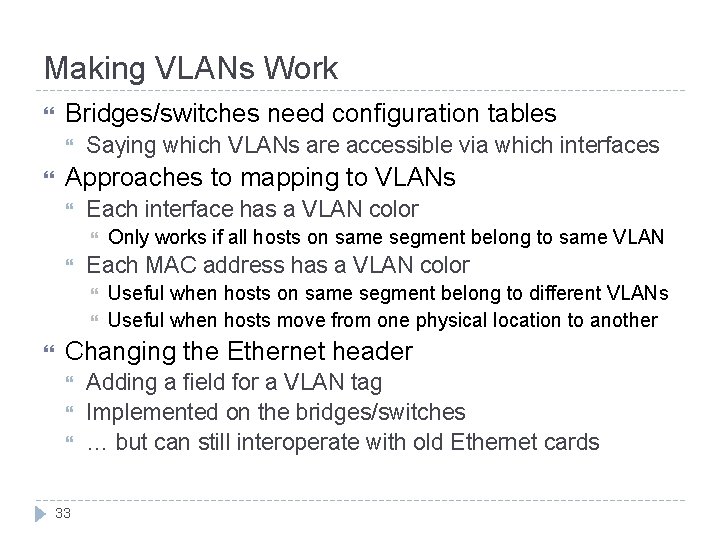 Making VLANs Work Bridges/switches need configuration tables Saying which VLANs are accessible via which