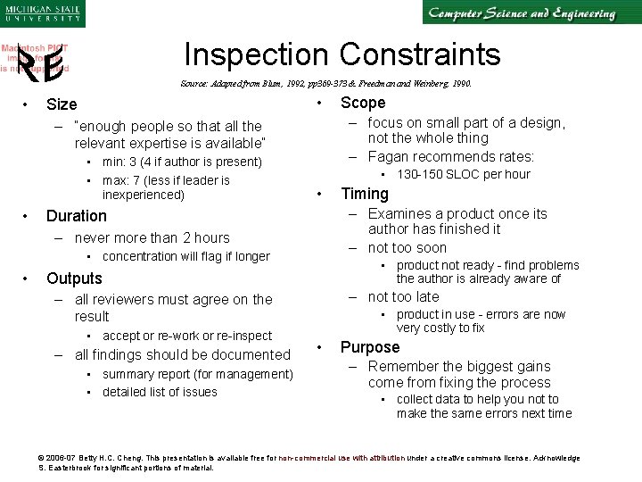 Inspection Constraints Source: Adapted from Blum, 1992, pp 369 -373 & Freedman and Weinberg,