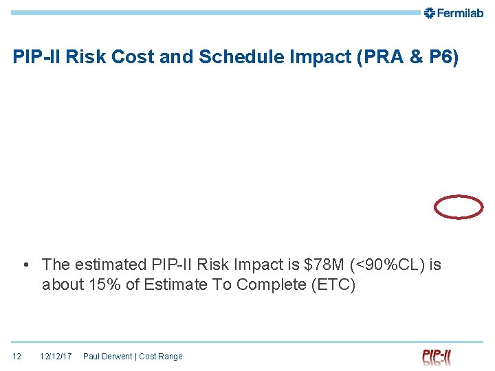 PIP-II Risk Cost and Schedule Impact (PRA & P 6) • The estimated PIP-II