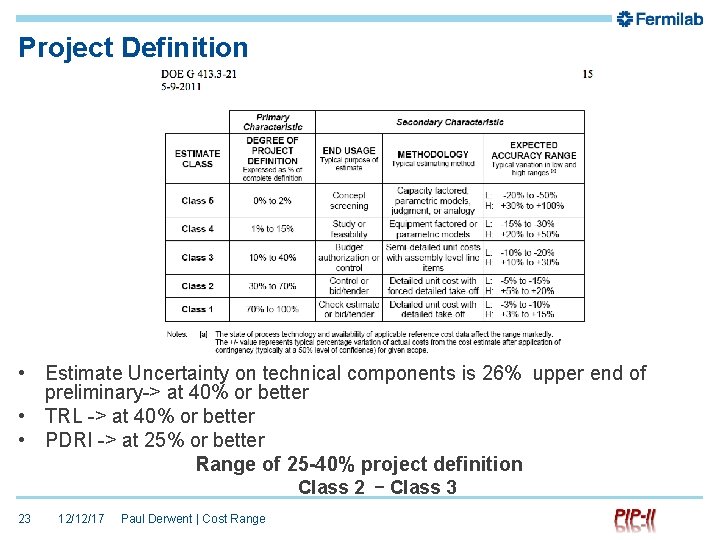Project Definition • Estimate Uncertainty on technical components is 26% upper end of preliminary->