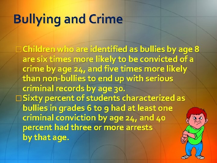 Bullying and Crime �Children who are identified as bullies by age 8 are six