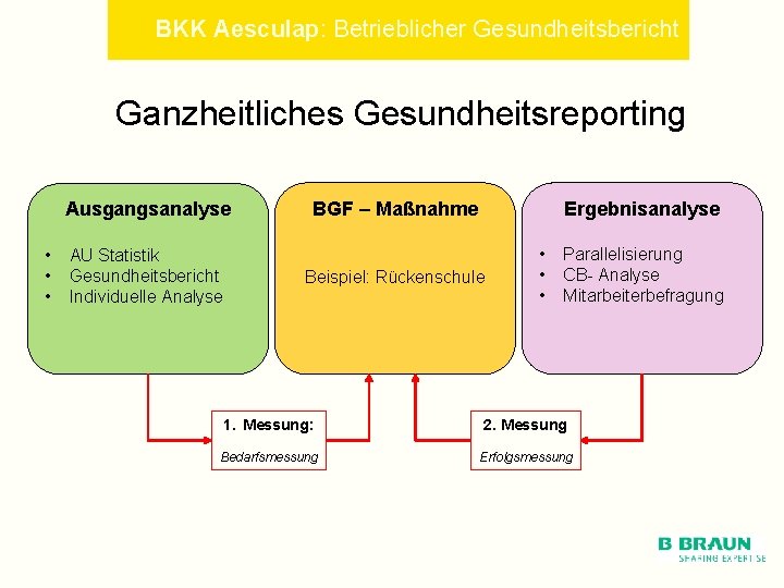 BKK Aesculap: Betrieblicher Gesundheitsbericht Ganzheitliches Gesundheitsreporting Ausgangsanalyse • • • AU Statistik Gesundheitsbericht Individuelle