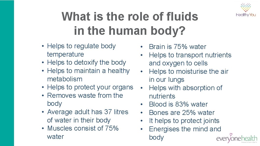 What is the role of fluids in the human body? • Helps to regulate